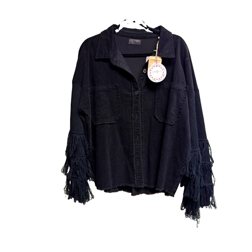 UMGEE Women Black Corduroy Shacket Nashville Jacket Fringe Sleeve Button up Sz M